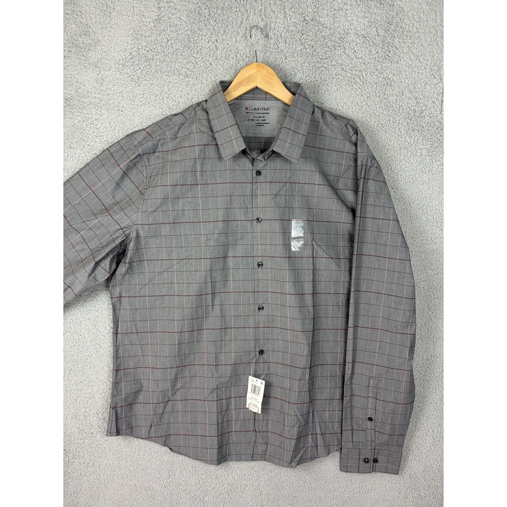Calvin Klein Mens 2XL Gray Red Plaid Extra Slim Stretch Dress Shirt 33K4382649